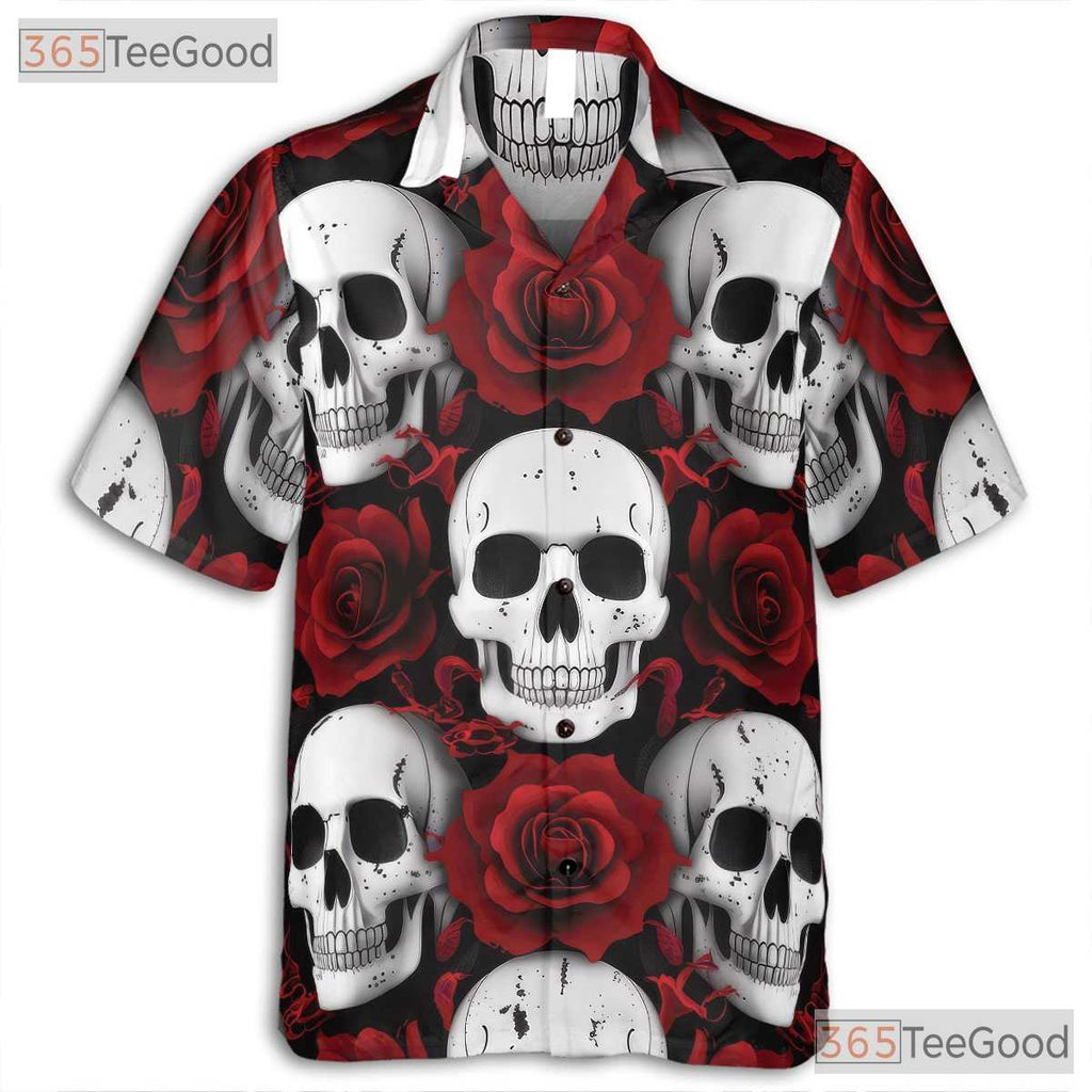Women's Punk Gothic Skull Hawaiian Tee - Rose Grunge Alternative Rock Style
