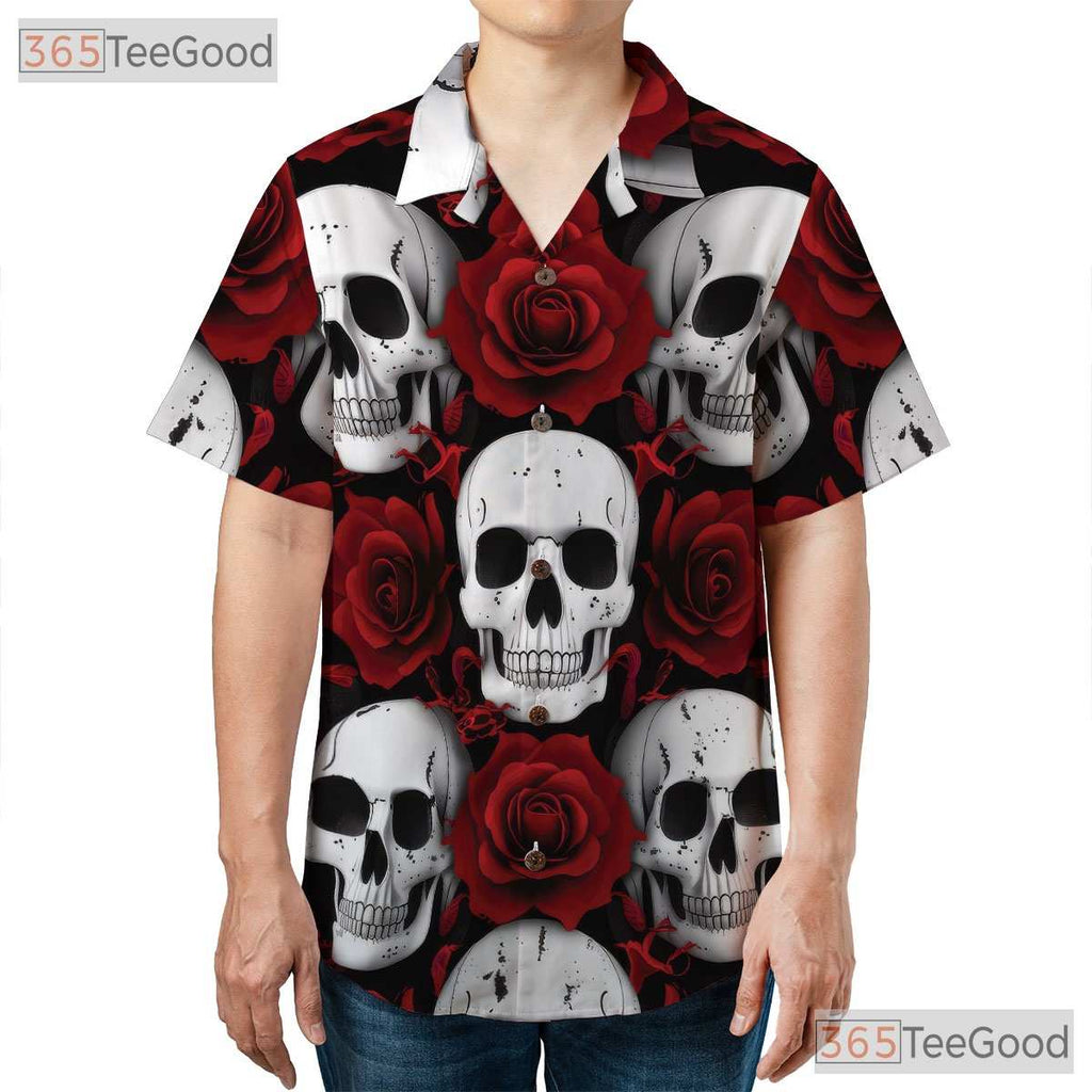 Women's Punk Gothic Skull Hawaiian Tee - Rose Grunge Alternative Rock Style
