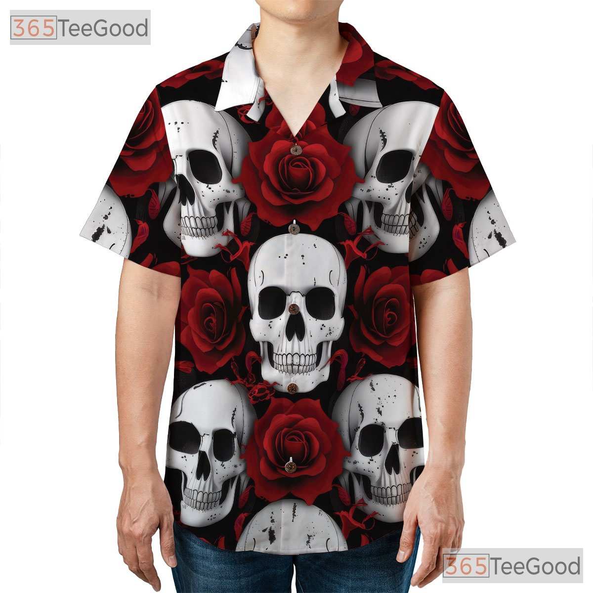 Women's Punk Gothic Skull Hawaiian Tee - Rose Grunge Alternative Rock Style