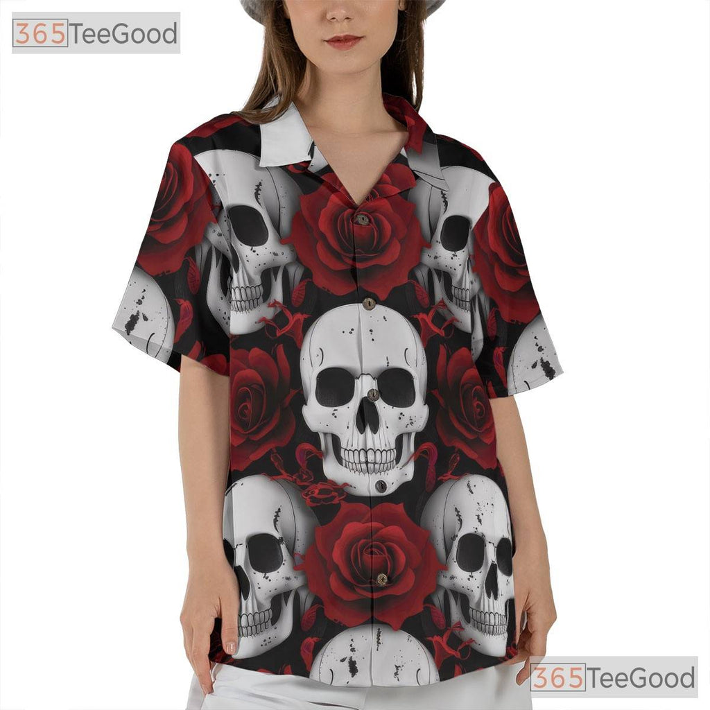 Women's Punk Gothic Skull Hawaiian Tee - Rose Grunge Alternative Rock Style