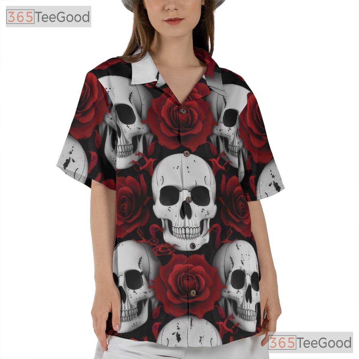 Women's Punk Gothic Skull Hawaiian Tee - Rose Grunge Alternative Rock Style