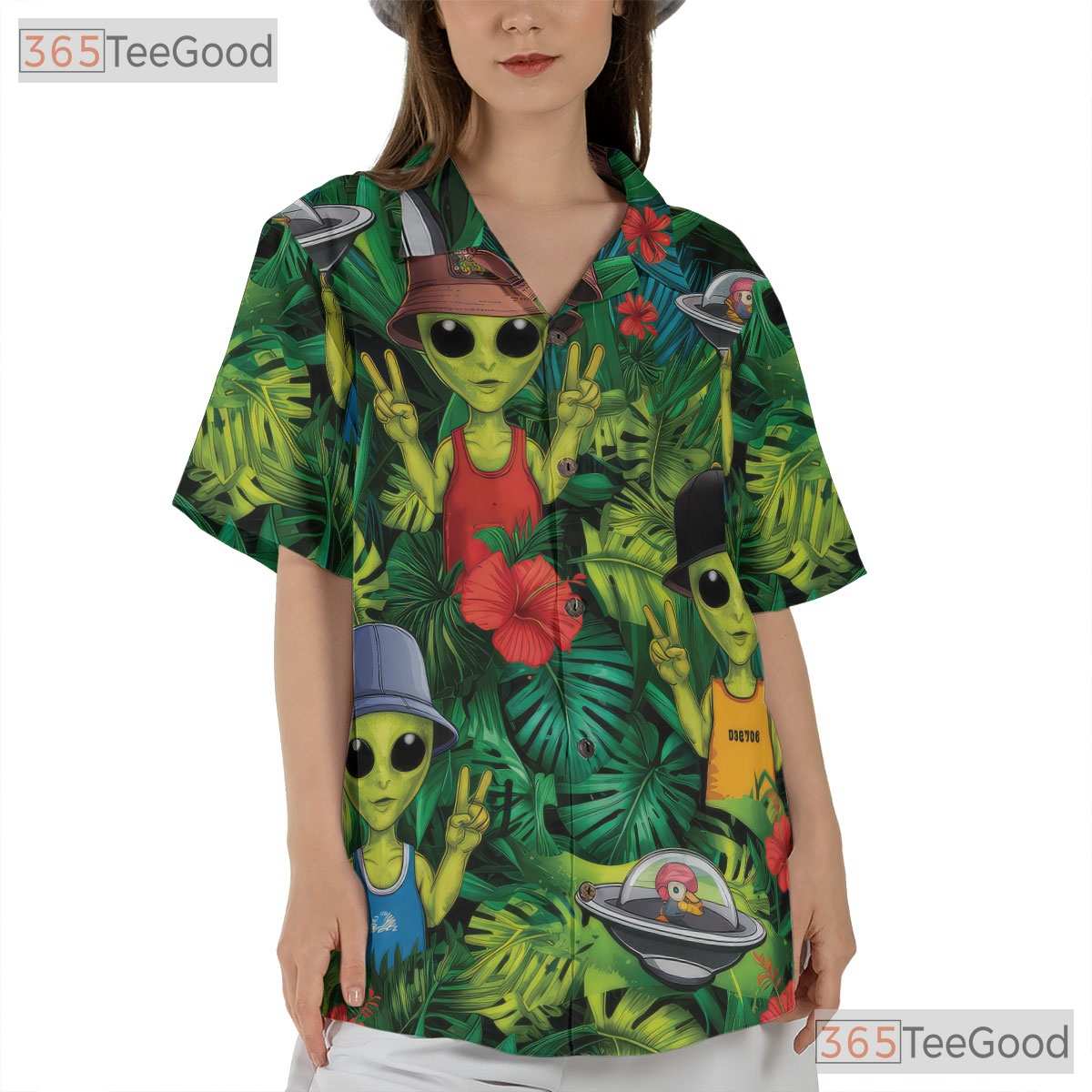 Women's Retro Alien Hawaiian Tee - Funny Space UFO Extraterrestrial Shirt