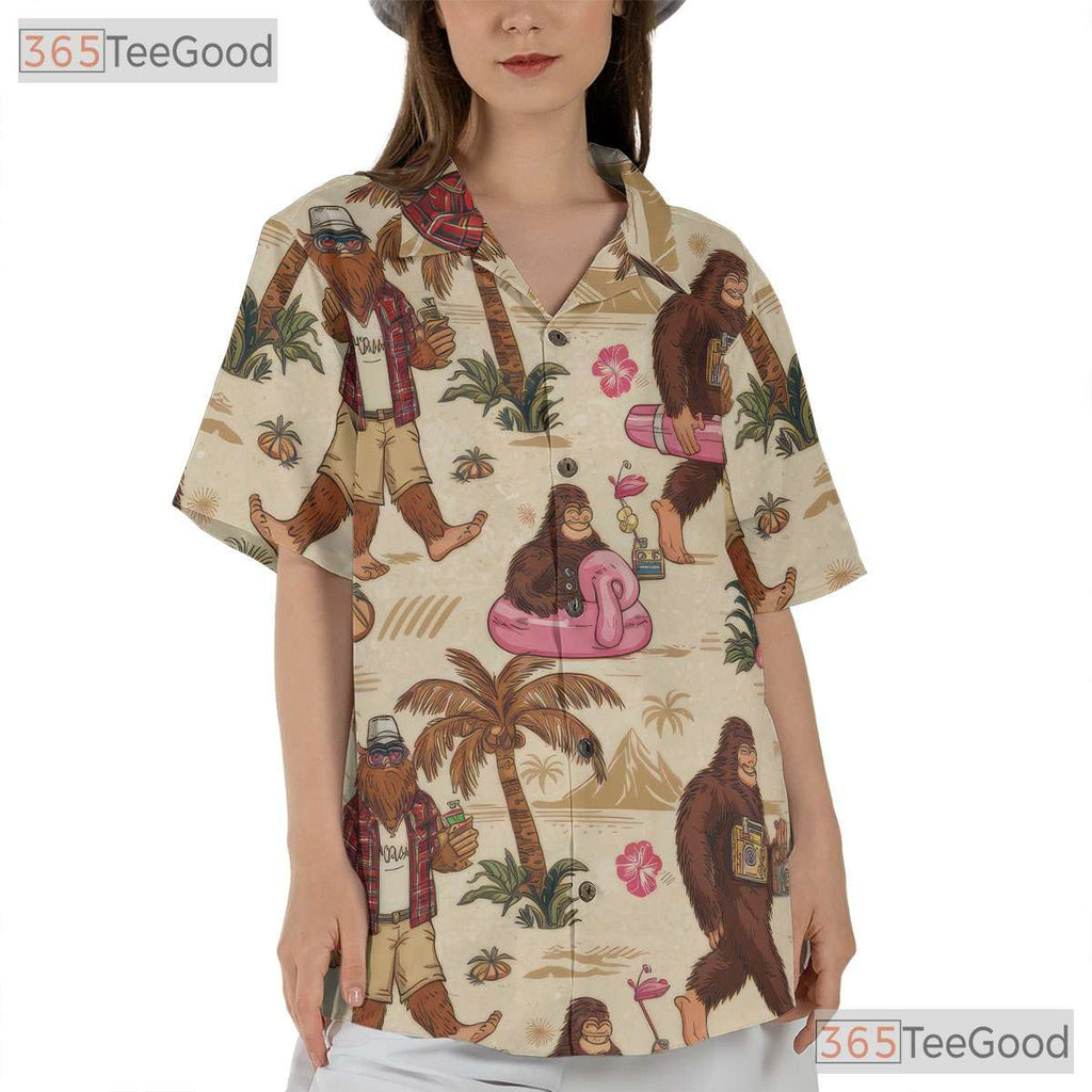 Women's Retro Bigfoot Hawaiian Tee - Funny Sasquatch Vacation Beach Aesthetic