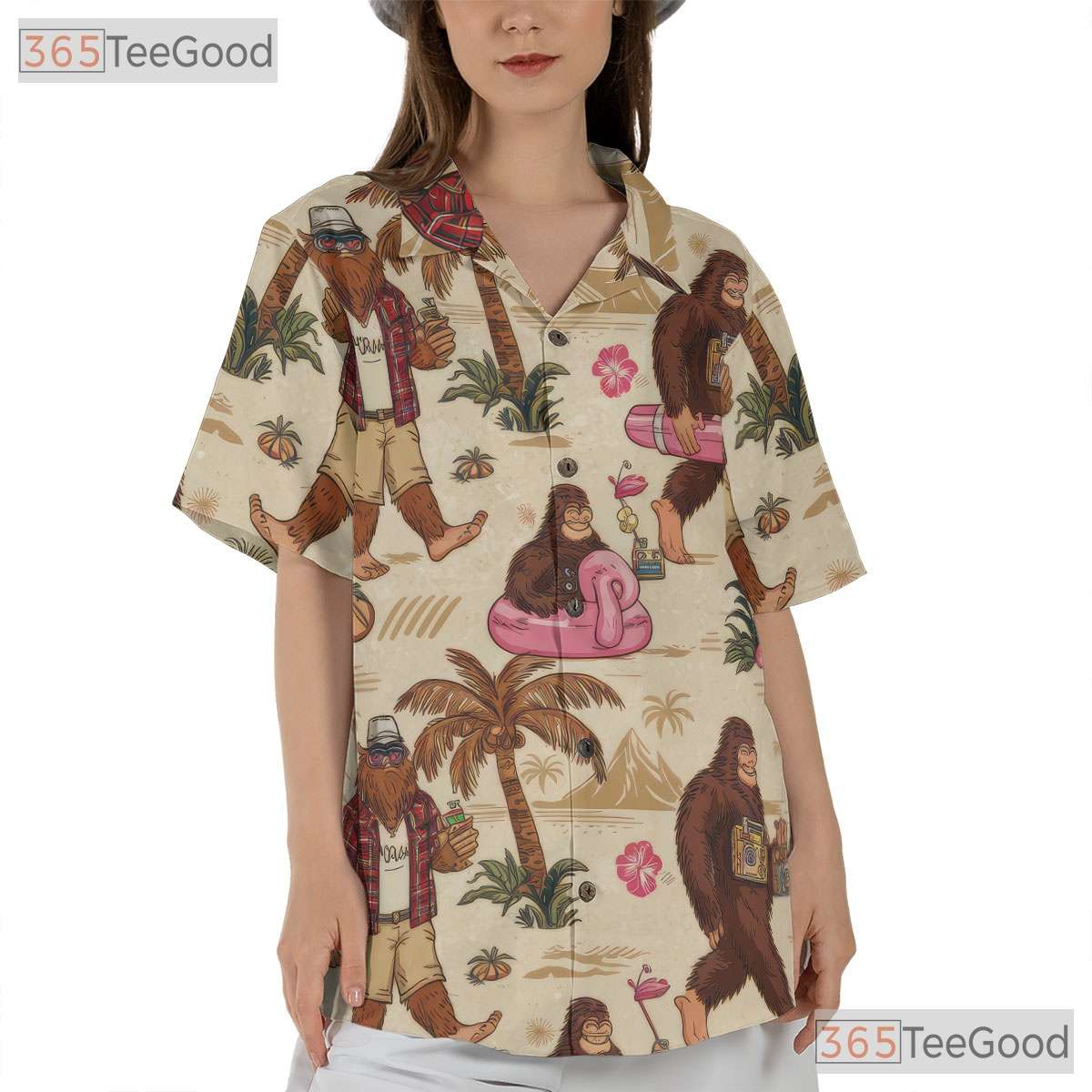 Women's Retro Bigfoot Hawaiian Tee - Funny Sasquatch Vacation Beach Aesthetic