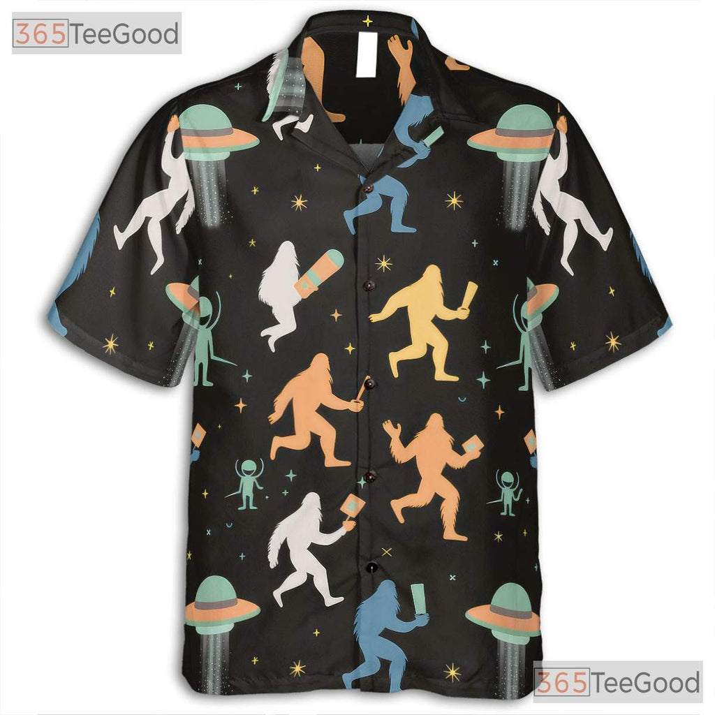 Women's Sasquatch UFO Hawaiian Tee - Alien Cryptid Space Aloha Beachwear