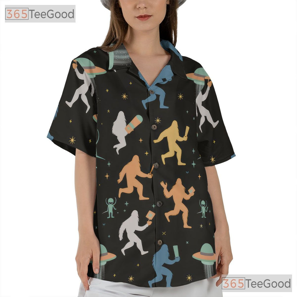 Women's Sasquatch UFO Hawaiian Tee - Alien Cryptid Space Aloha Beachwear