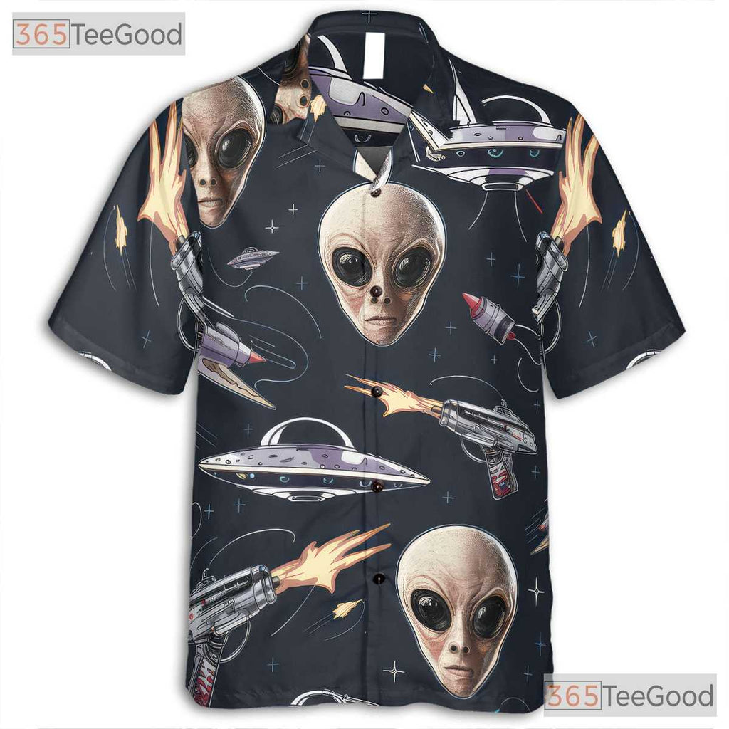 Women's Space Alien Hawaiian Tee - Retro UFO Cosmic Sci-Fi Tropical Shirt