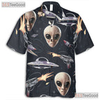 Women's Space Alien Hawaiian Tee - Retro UFO Cosmic Sci-Fi Tropical Shirt