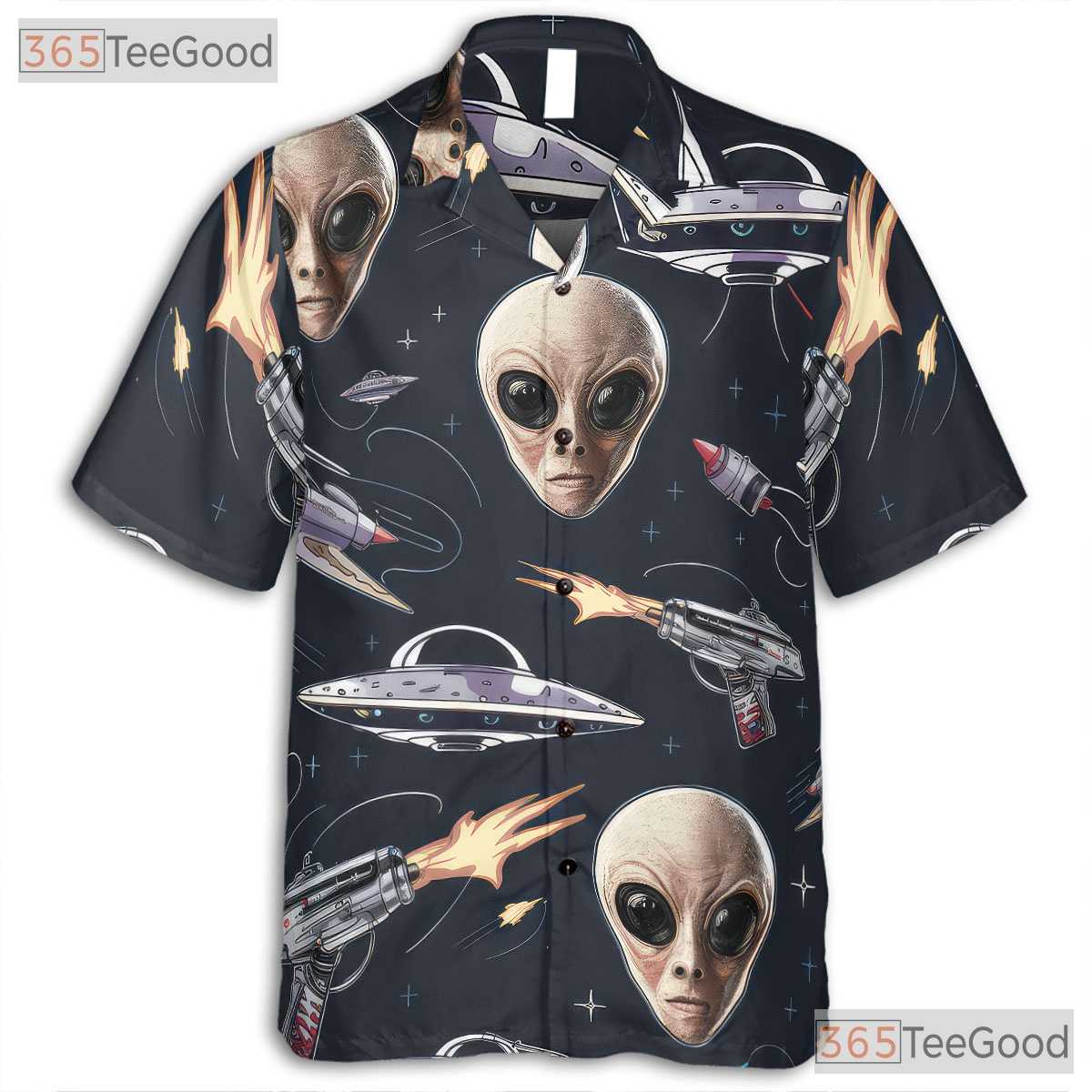 Women's Space Alien Hawaiian Tee - Retro UFO Cosmic Sci-Fi Tropical Shirt
