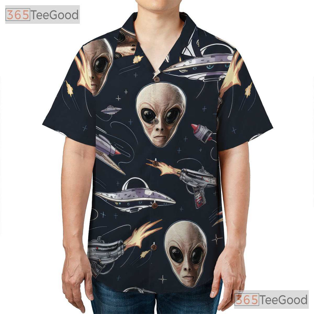Women's Space Alien Hawaiian Tee - Retro UFO Cosmic Sci-Fi Tropical Shirt