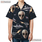 Women's Space Alien Hawaiian Tee - Retro UFO Cosmic Sci-Fi Tropical Shirt