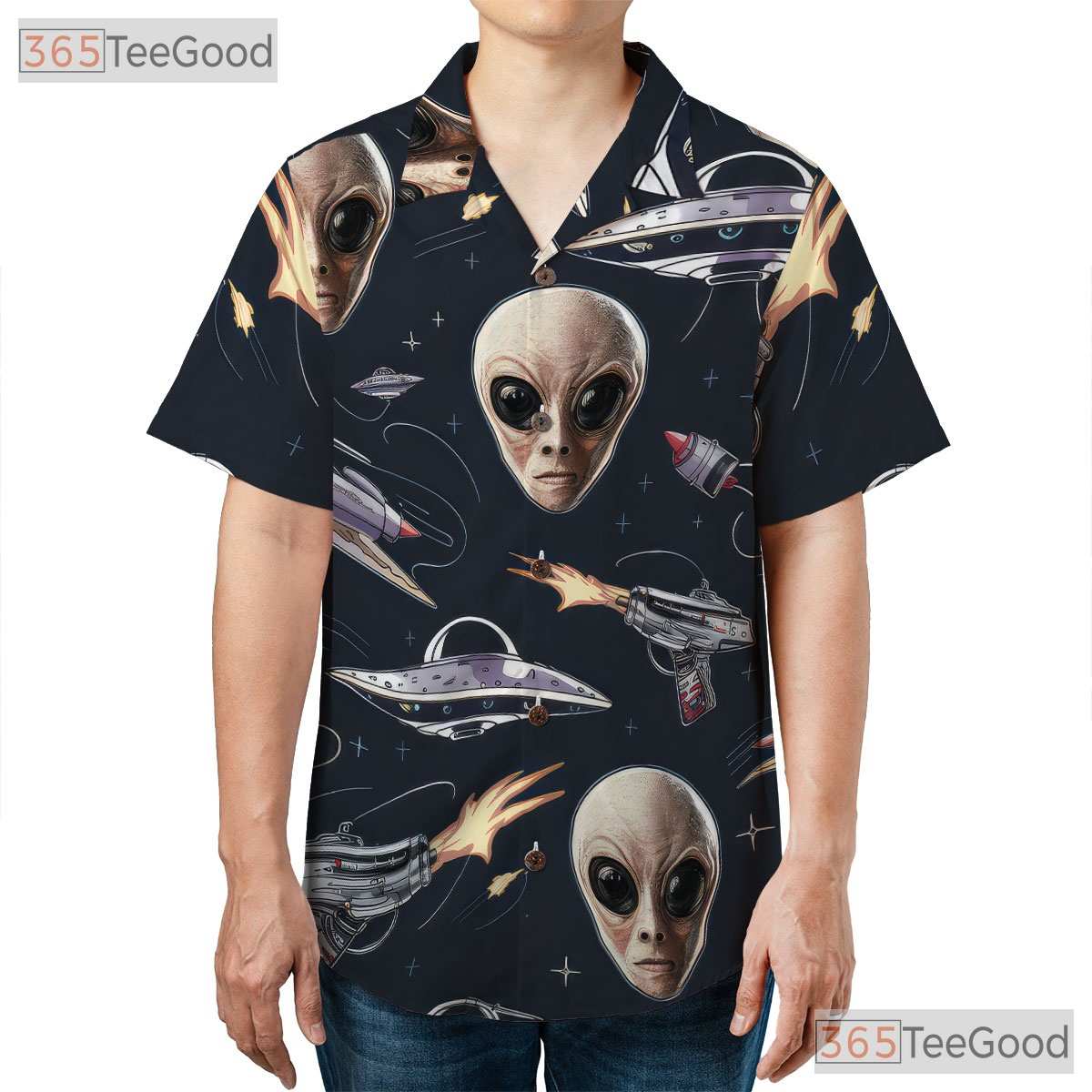 Women's Space Alien Hawaiian Tee - Retro UFO Cosmic Sci-Fi Tropical Shirt