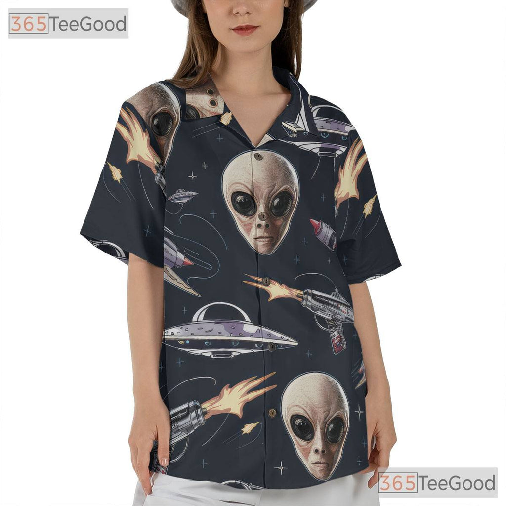Women's Space Alien Hawaiian Tee - Retro UFO Cosmic Sci-Fi Tropical Shirt
