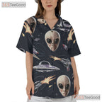 Women's Space Alien Hawaiian Tee - Retro UFO Cosmic Sci-Fi Tropical Shirt