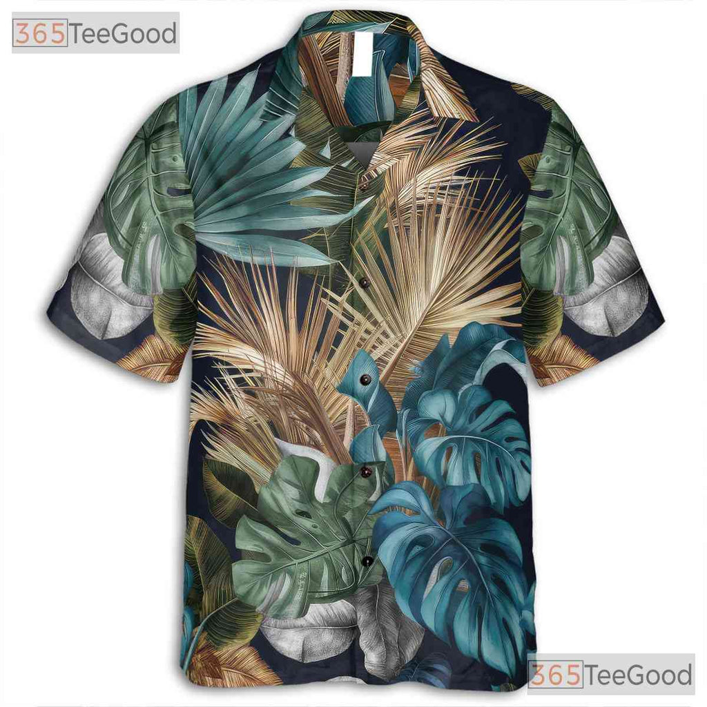 Women's Tropical Palm Leaf Hawaiian Tee - Dark Navy Summer Beach Aesthetic Wear