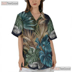 Women's Tropical Palm Leaf Hawaiian Tee - Dark Navy Summer Beach Aesthetic Wear