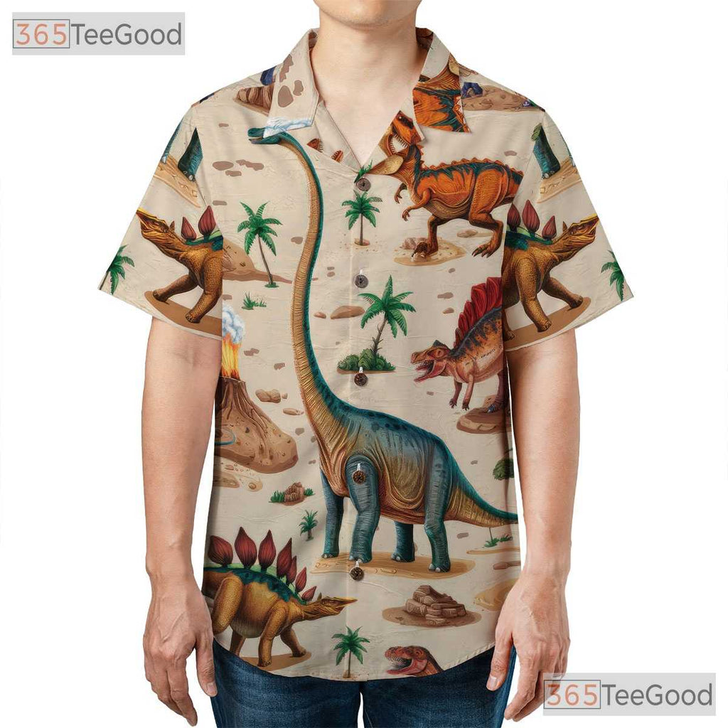 Women's Vintage Prehistoric Dinosaur Hawaiian Tee - Jungle Volcano Print