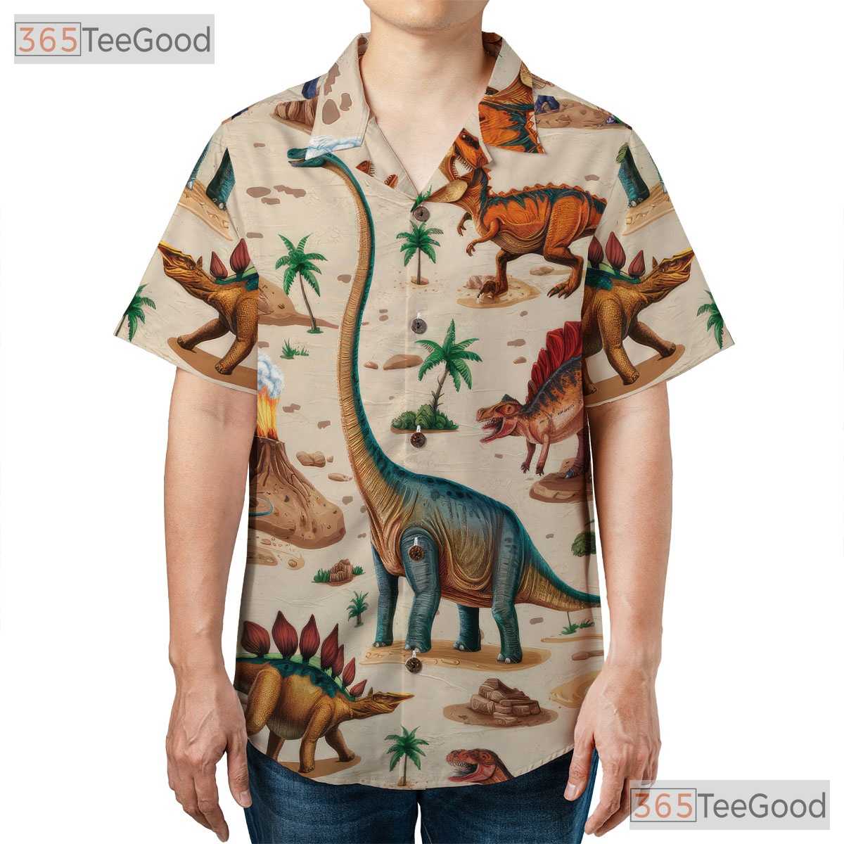 Women's Vintage Prehistoric Dinosaur Hawaiian Tee - Jungle Volcano Print