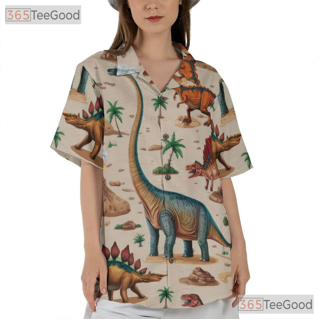 Women's Vintage Prehistoric Dinosaur Hawaiian Tee - Jungle Volcano Print