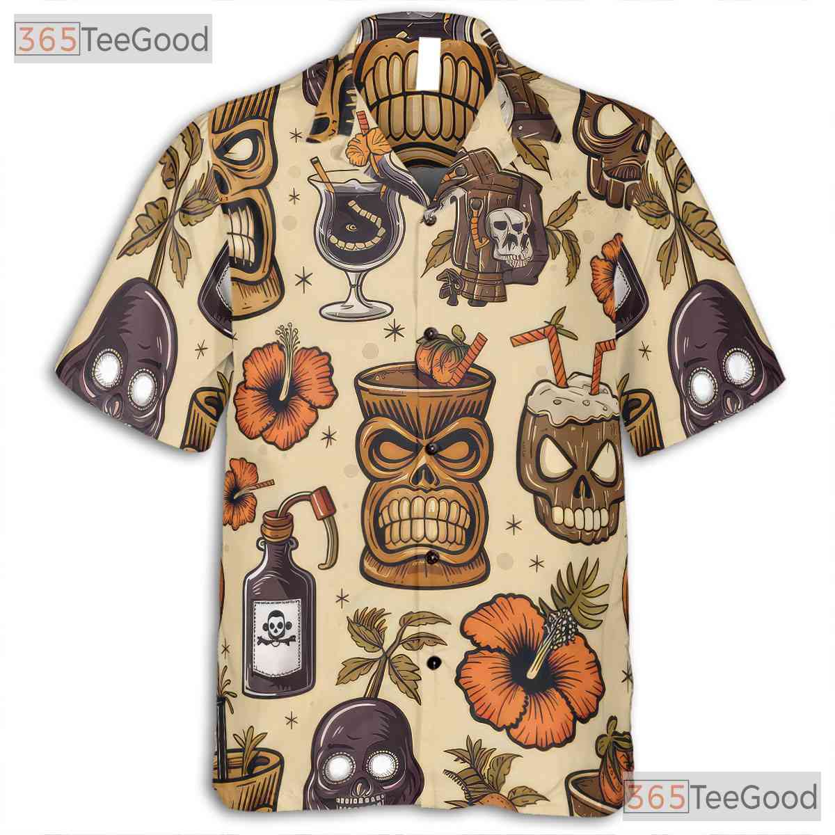 Women's Vintage Tiki Horror Hawaiian Tee - Spooky Cocktail Halloween Outfit