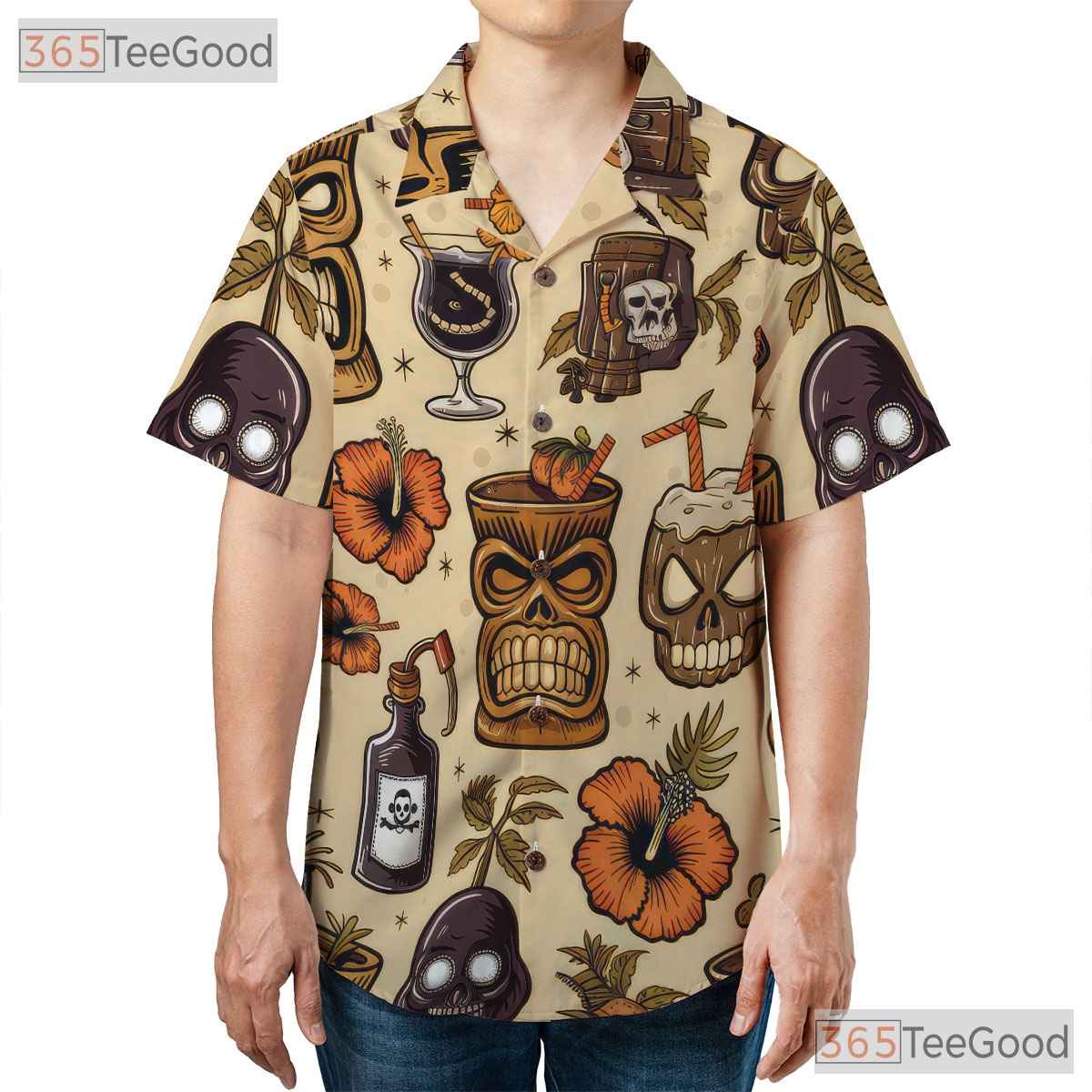 Women's Vintage Tiki Horror Hawaiian Tee - Spooky Cocktail Halloween Outfit