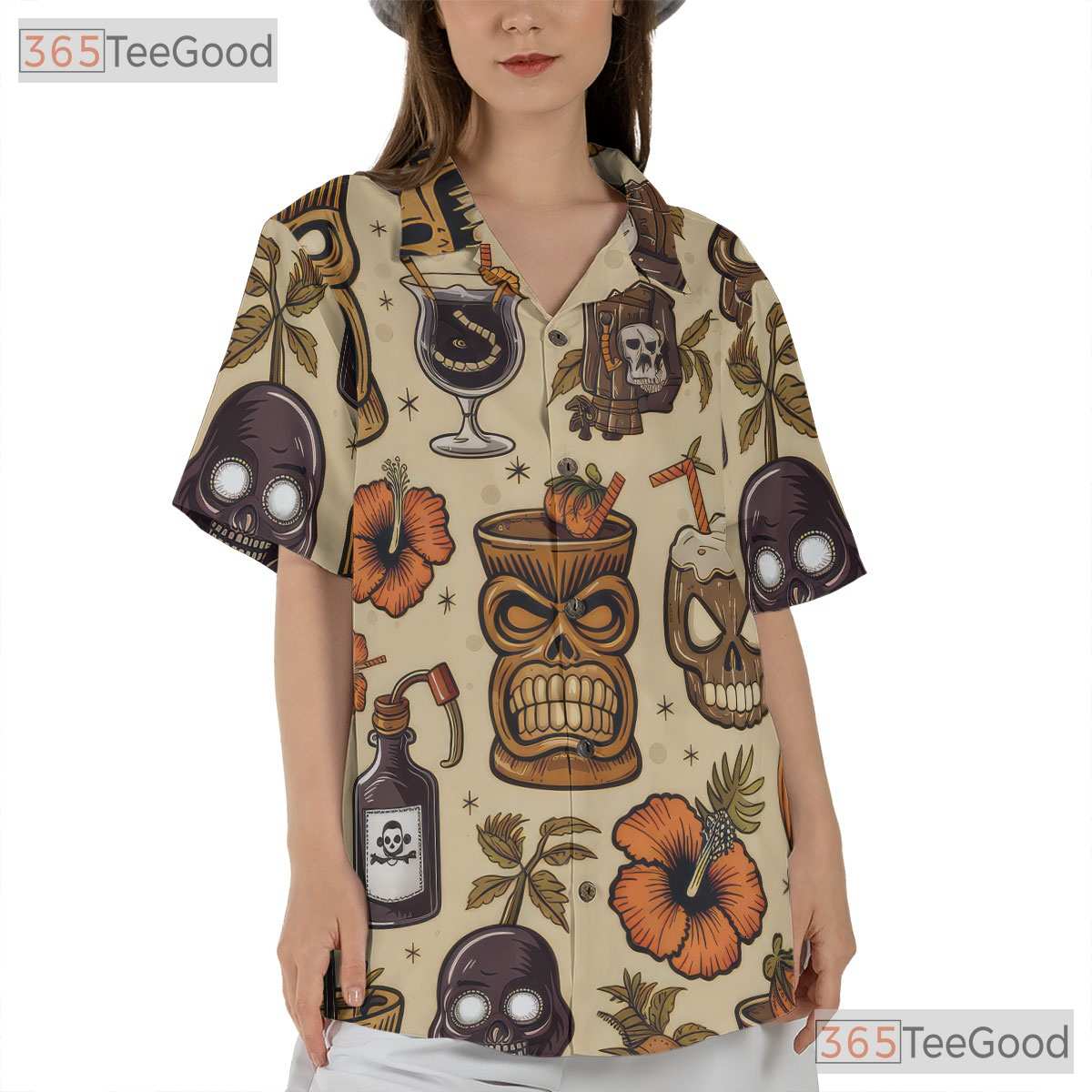 Women's Vintage Tiki Horror Hawaiian Tee - Spooky Cocktail Halloween Outfit
