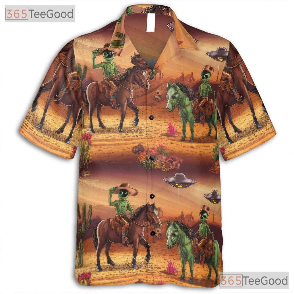 Women's Western Alien Cowboy Hawaiian Tee - Rodeo Sci-Fi Desert Style