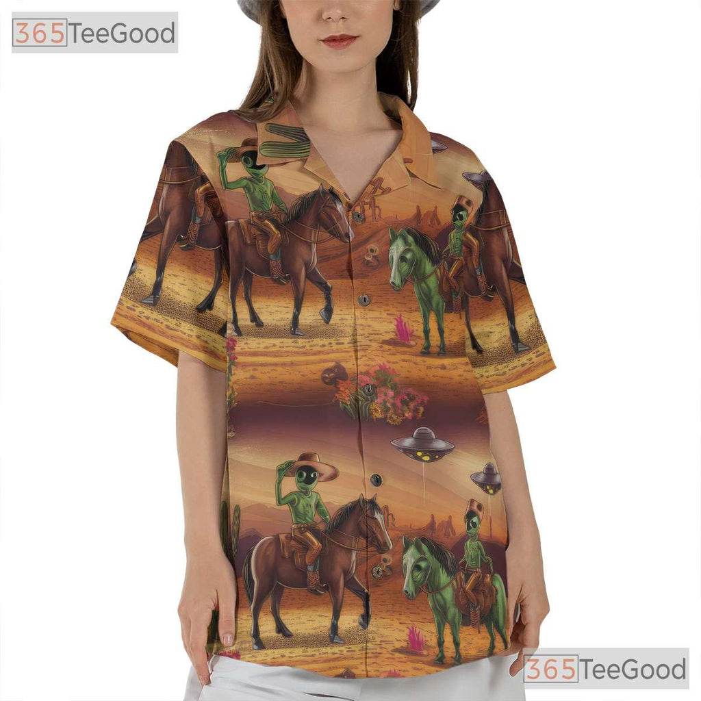 Women's Western Alien Cowboy Hawaiian Tee - Rodeo Sci-Fi Desert Style