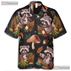 Woodland Raccoon Mushroom Hawaiian Tee - Women's Forest Animal Shirt