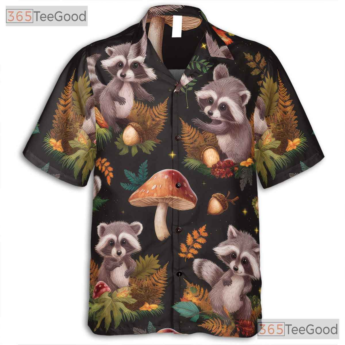 Woodland Raccoon Mushroom Hawaiian Tee - Women's Forest Animal Shirt