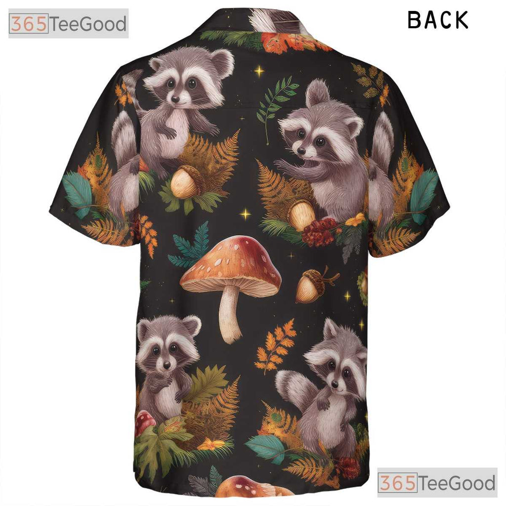 Woodland Raccoon Mushroom Hawaiian Tee - Women's Forest Animal Shirt