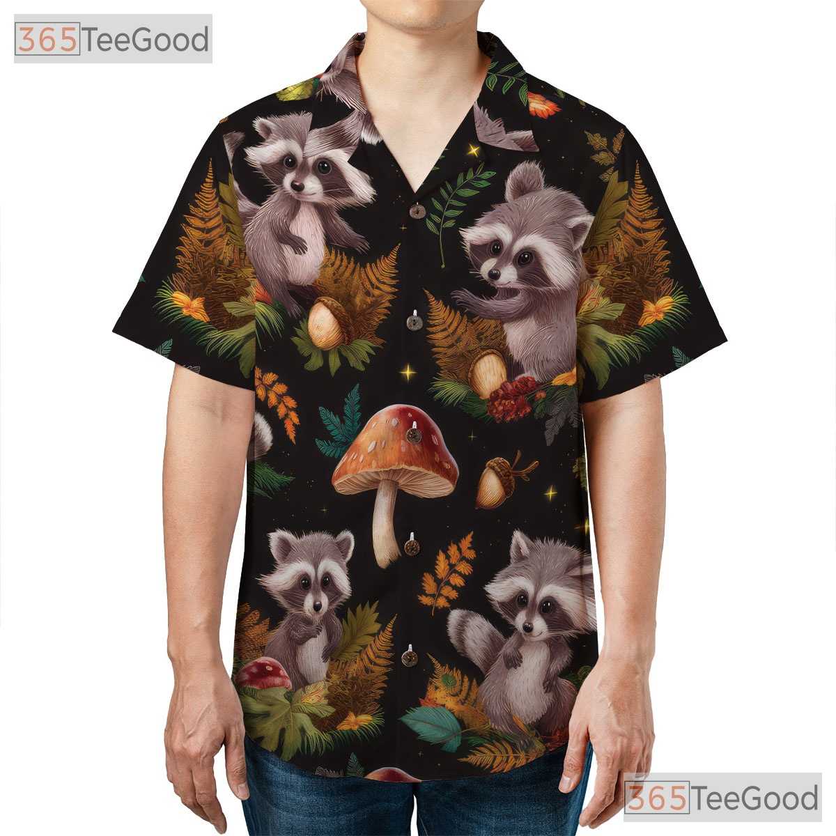 Woodland Raccoon Mushroom Hawaiian Tee - Women's Forest Animal Shirt