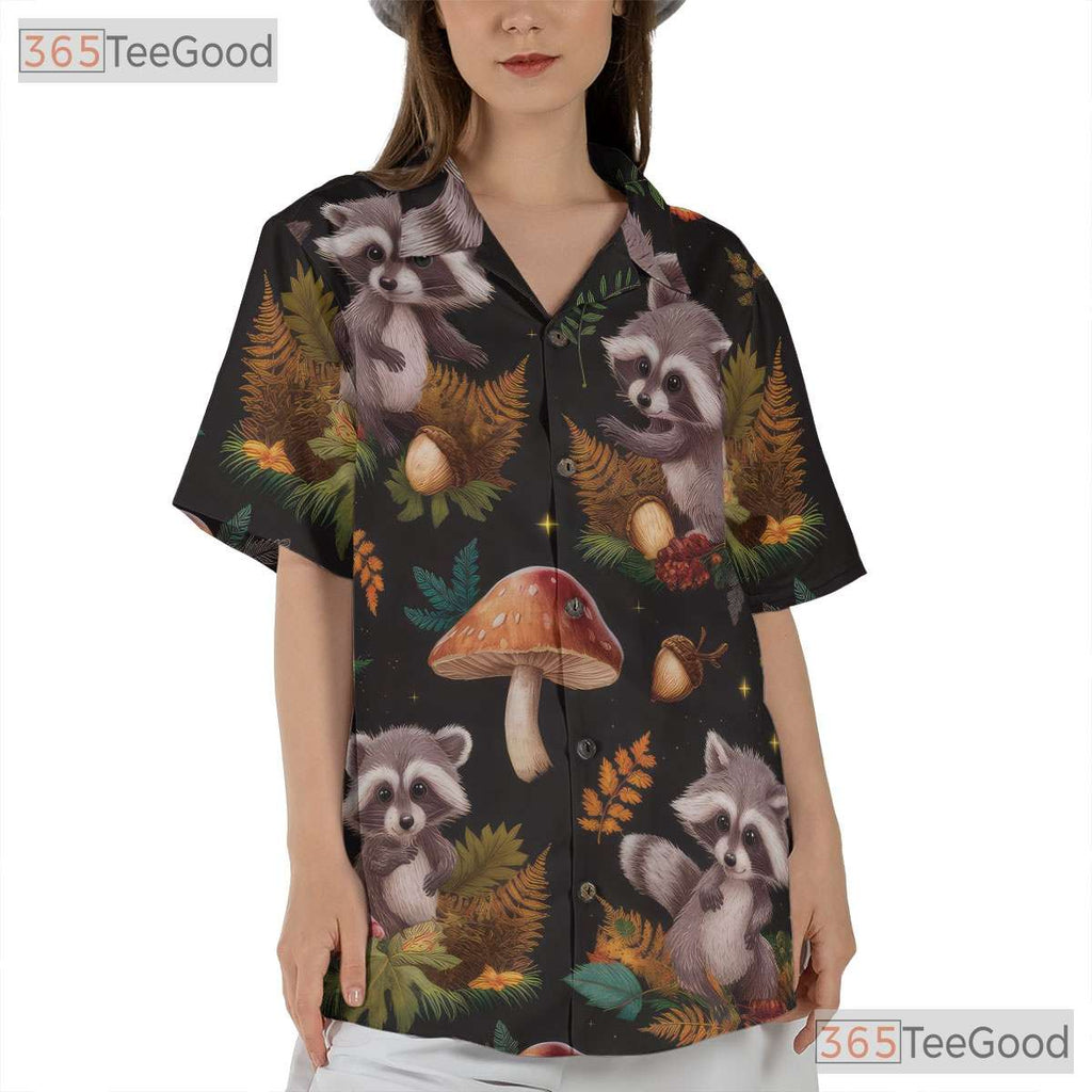 Woodland Raccoon Mushroom Hawaiian Tee - Women's Forest Animal Shirt