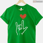 ASL I Love You Hand Sign T-Shirt, American Sign Language Heart Valentine Shirt for Women Kids Men
