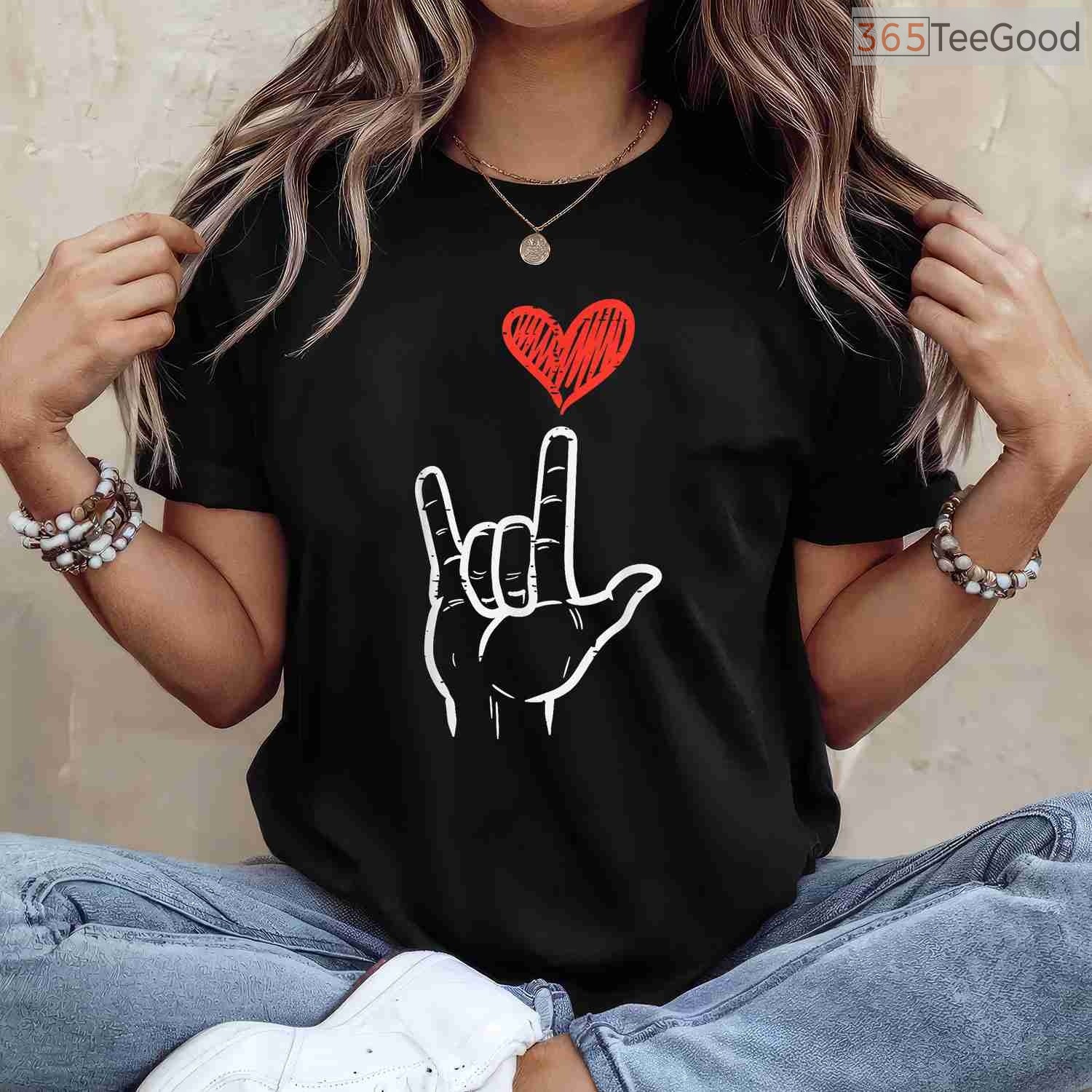 ASL I Love You Hand Sign T-Shirt, American Sign Language Heart Valentine Shirt for Women Kids Men