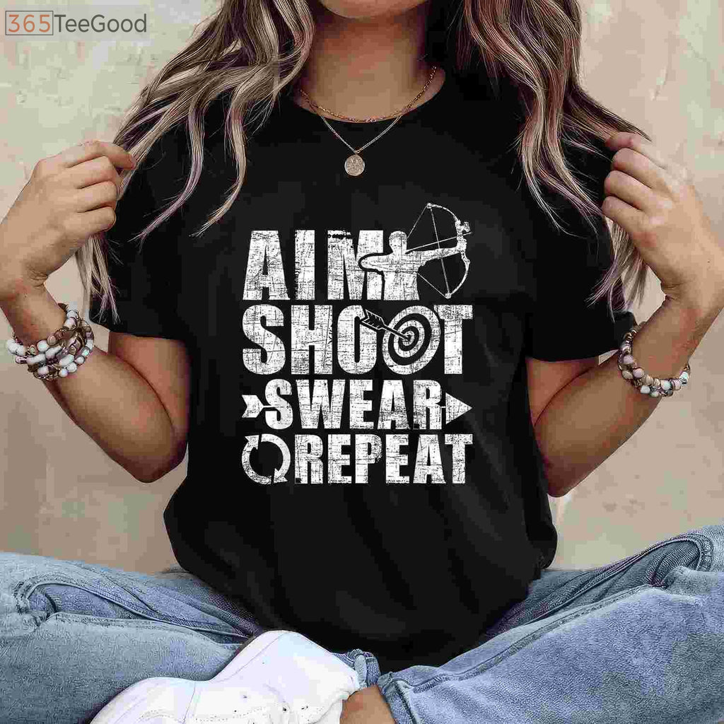 Aim Shoot Swear Repeat Hunting Shirt, Funny Bow and Arrow Archery Tee