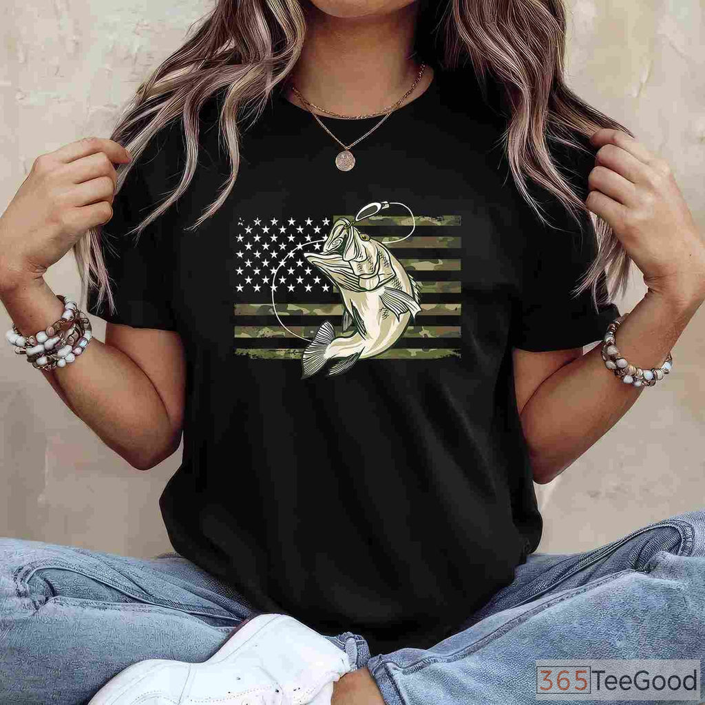 American Flag Camo Bass Fishing Shirt - Tactical Patriotic Fisherman Tee