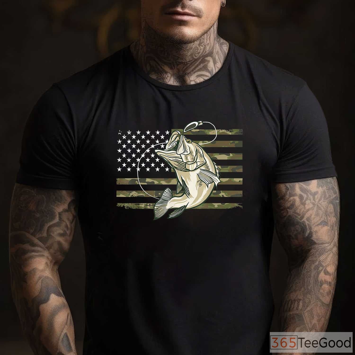 American Flag Camo Bass Fishing Shirt - Tactical Patriotic Fisherman Tee
