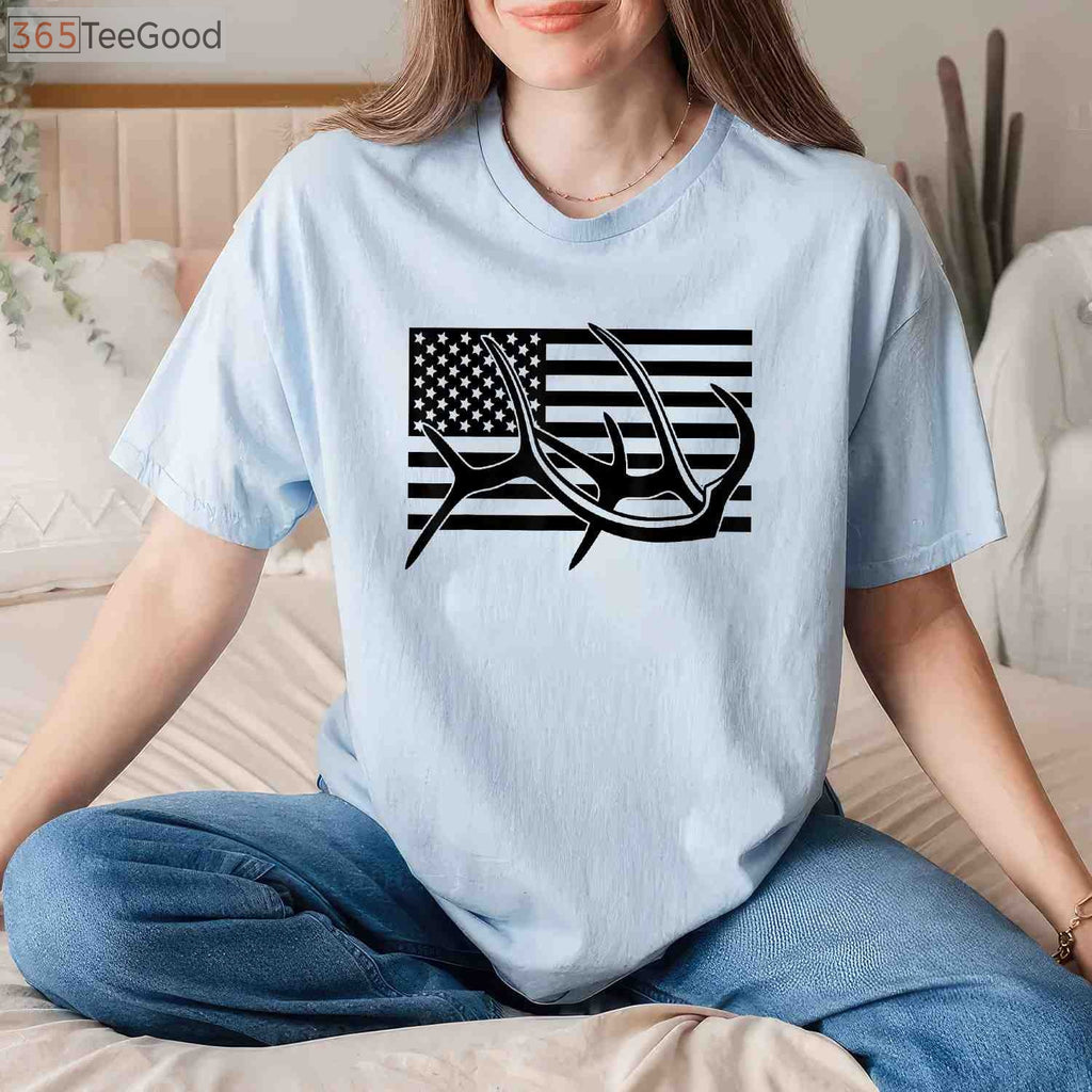 American Flag Outdoor Antlers Shirt, BASBO Elk and Deer Hunting Graphic Tee