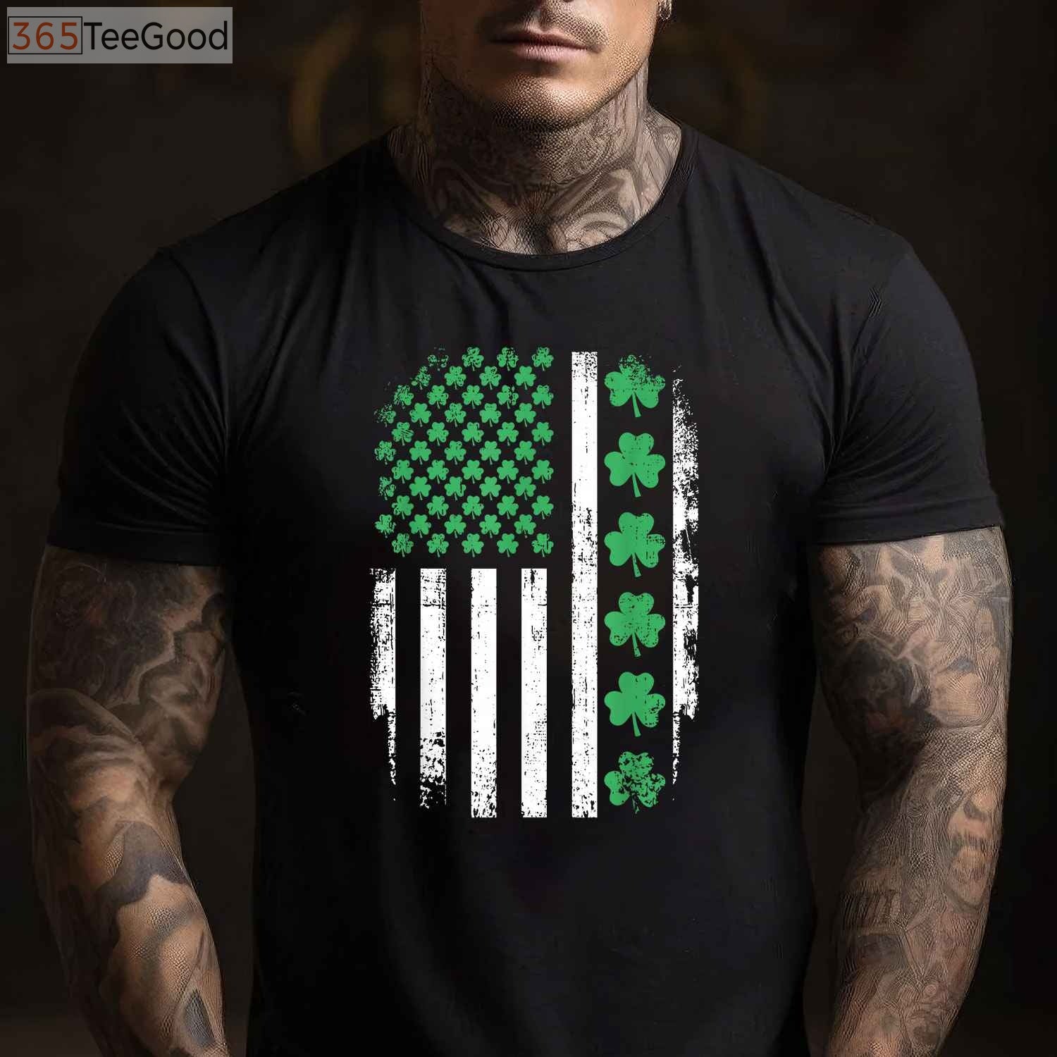 American Flag with Shamrocks St Patrick’s Day T-Shirt, Irish USA Patriotic Shirt