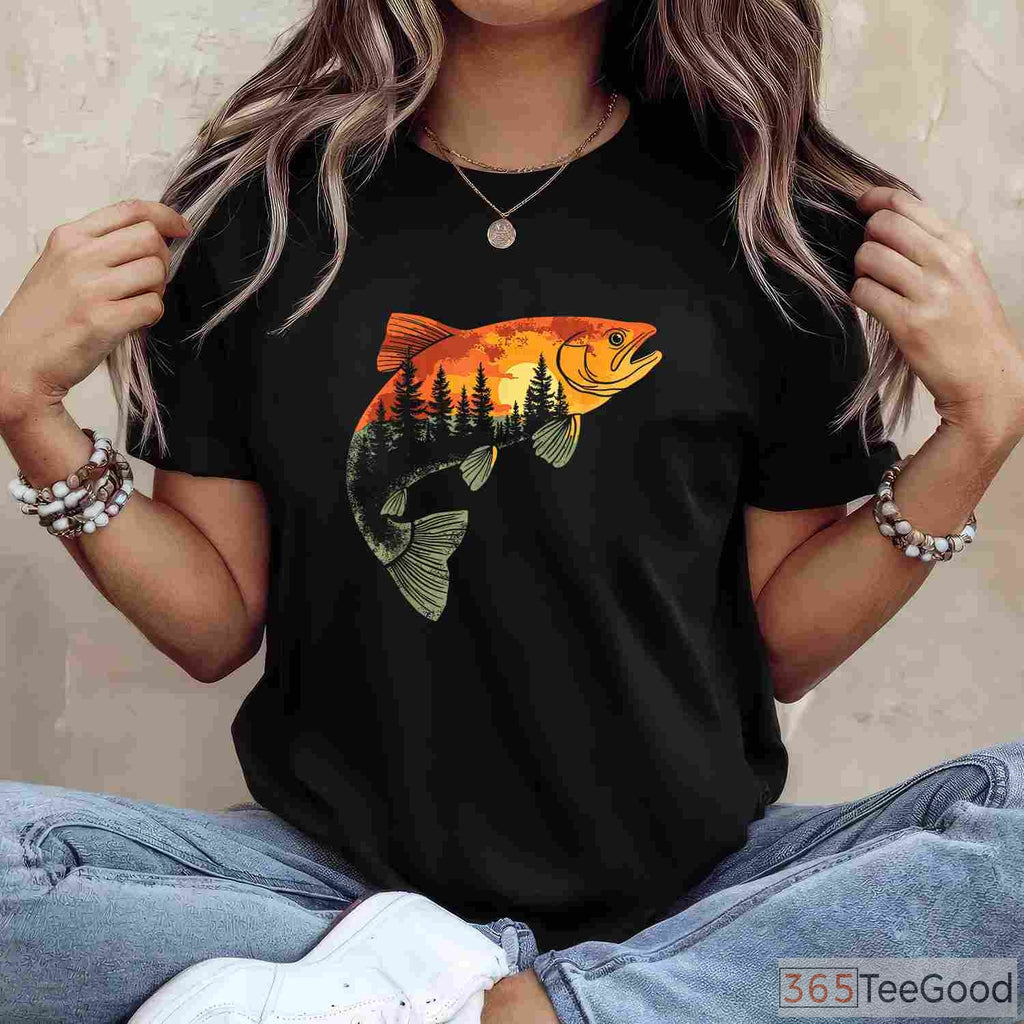 Artistic Fly Fishing Angler Shirt - Forest Nature & Trout Graphic Tee