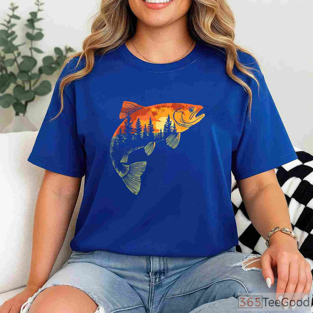 Artistic Fly Fishing Angler Shirt - Forest Nature & Trout Graphic Tee
