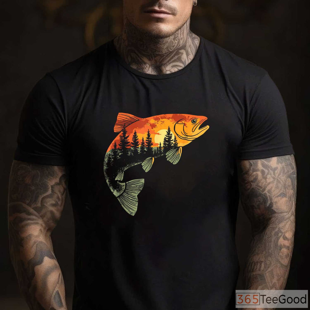 Artistic Fly Fishing Angler Shirt - Forest Nature & Trout Graphic Tee