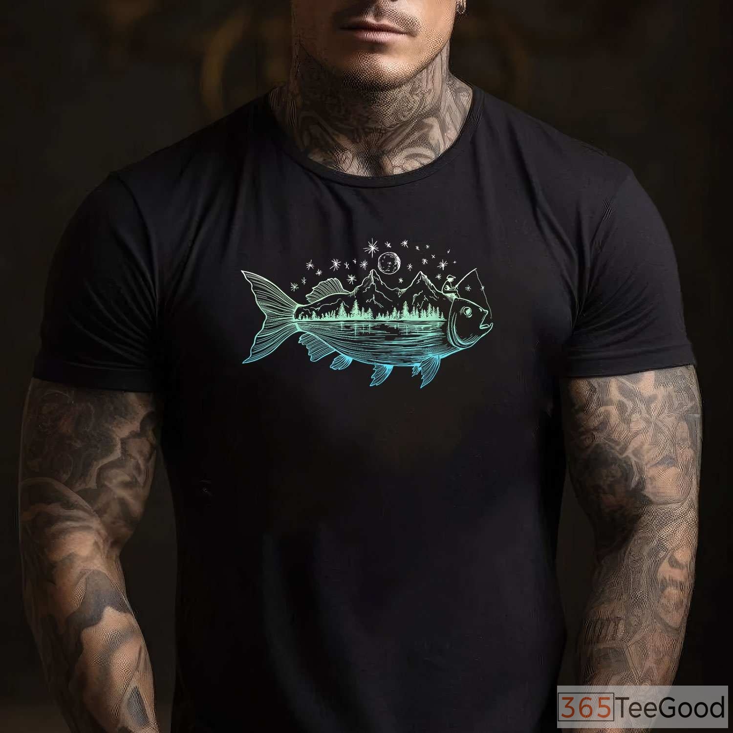 Artistic Mountain Nature Fish Shirt - Cool Wilderness Scene for Fishing Lovers