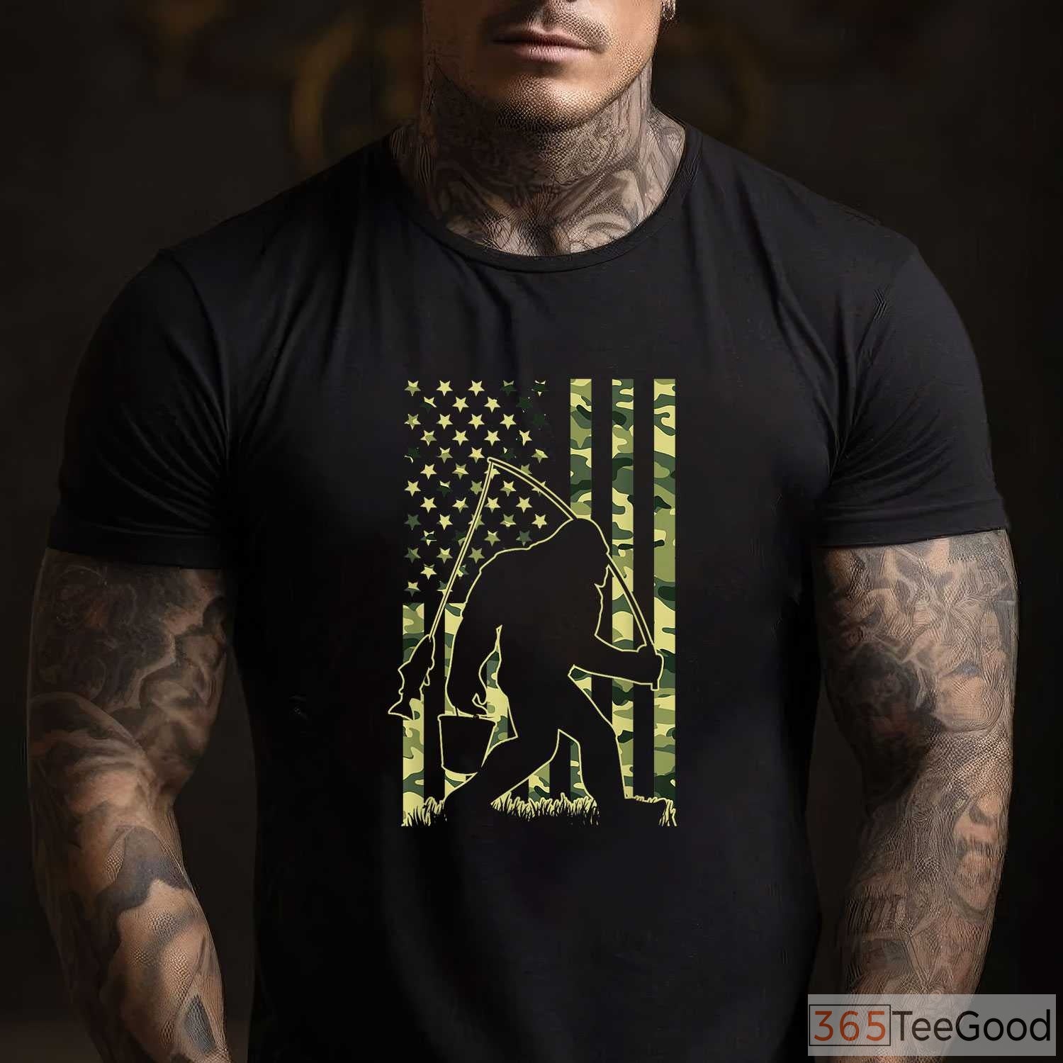 Bigfoot Fishing Camo USA Flag Shirt, Sasquatch Fisherman Gift for Men