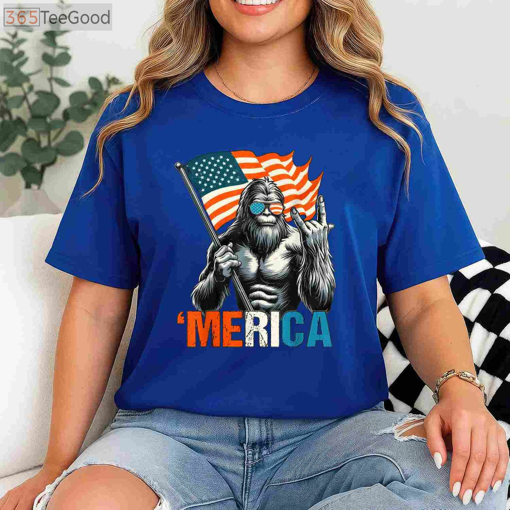 Bigfoot Merica Rock Patriotic 4th of July American Flag T-Shirt