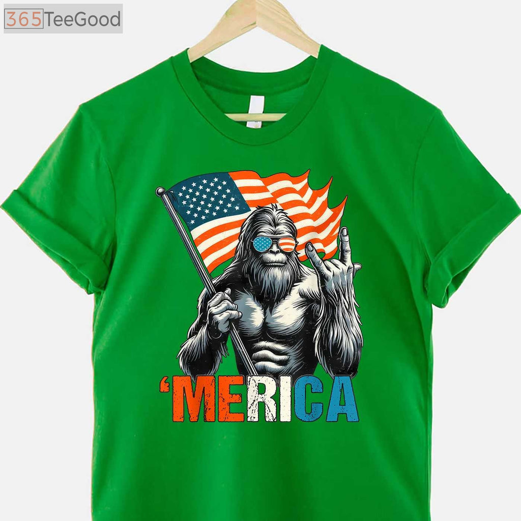 Bigfoot Merica Rock Patriotic 4th of July American Flag T-Shirt