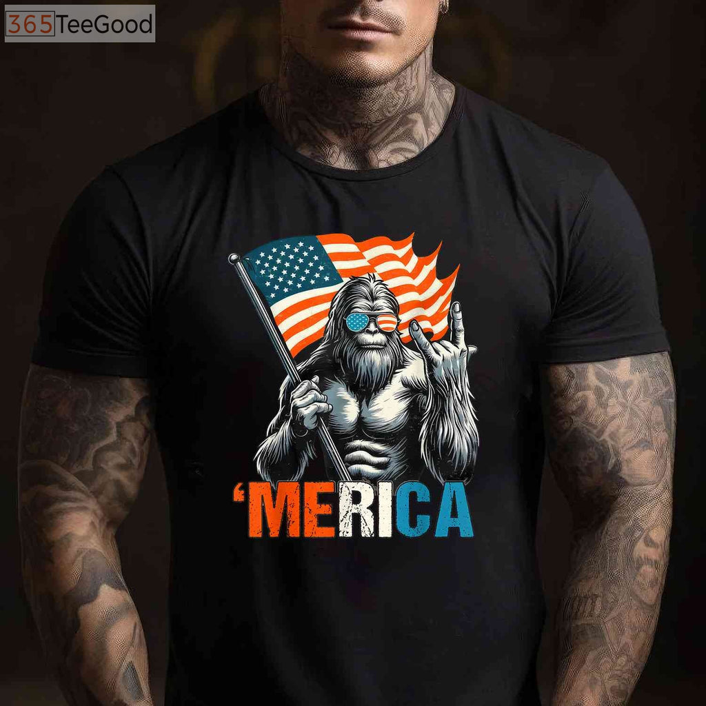Bigfoot Merica Rock Patriotic 4th of July American Flag T-Shirt