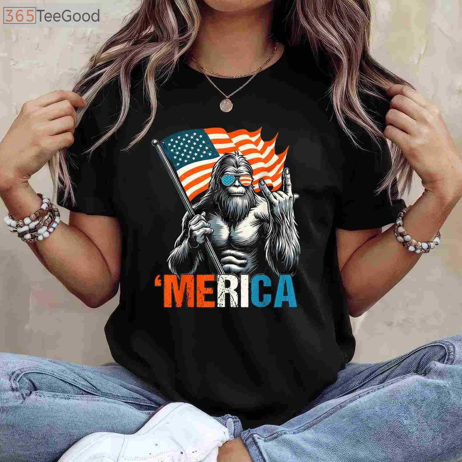 Bigfoot Merica Rock Patriotic 4th of July American Flag T-Shirt