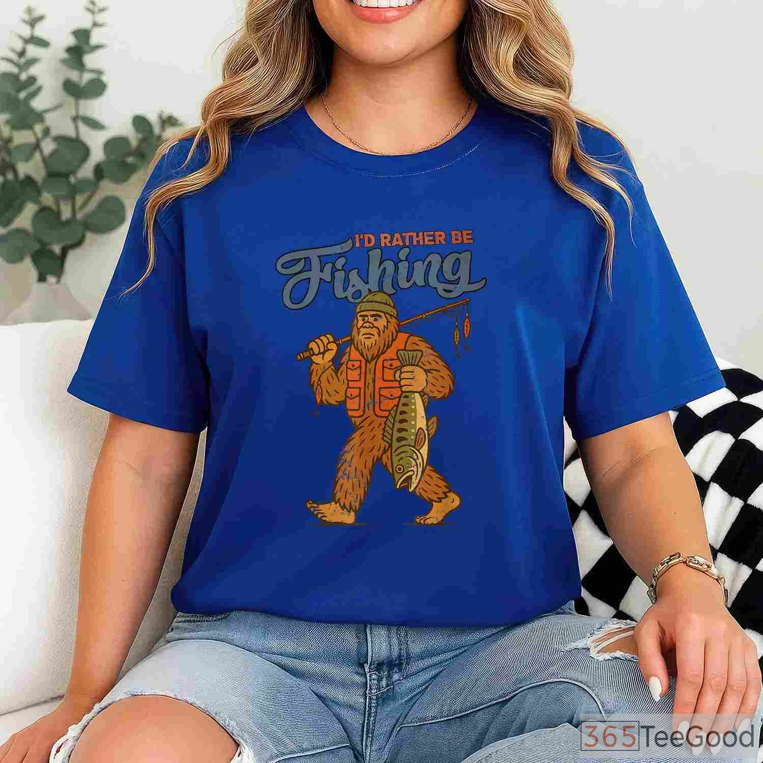 Bigfoot Sasquatch Fishing T-Shirt, Funny I'd Rather Be Fishing Legend Tee